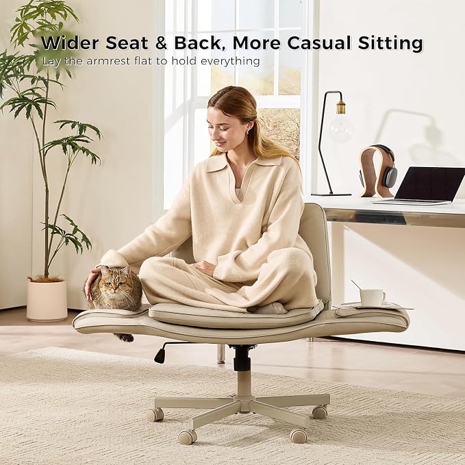 amseatec Criss Cross Chair with Armrests & Wheels, PU Leather Vanity Chair, Comfortable Adjustable Swivel Computer Office Desk Chairs for Home, Make Up, Bed Room (Cream White)
