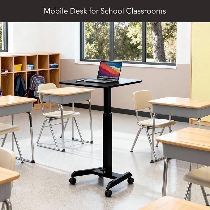 Mount-It! Rolling Laptop Desk Adjustable Height (29.6”-44.2”), Mobile Workstation Cart with 23.6” x 20.5” Desktop, Small Sit-Stand Desk for Home, Office, or Classroom in Black