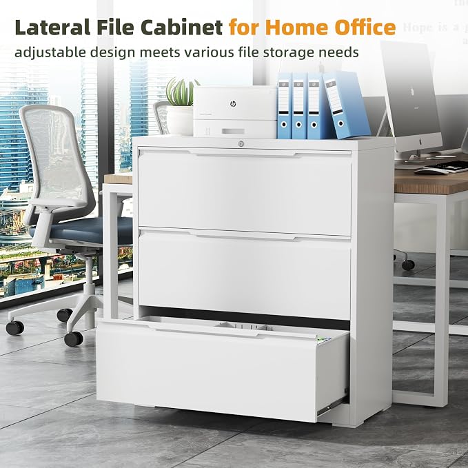 Lateral File Cabinet, 3 Drawer Lateral File Cabinet with Lock, Metal Lateral Filing Cabinet for Home Office, Office Organization Cabinet for Letter/Legal/F4/A4 Size