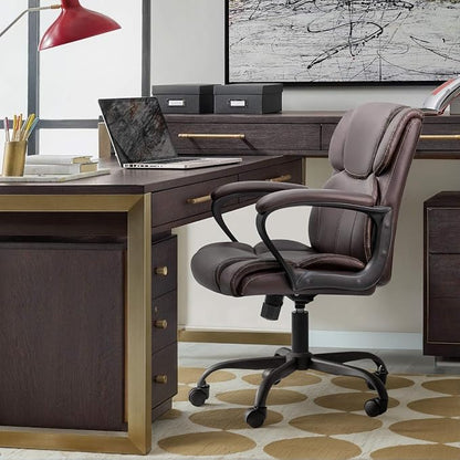 Furmax Mid Back Executive Office Chair Swivel Computer Task Chair with Armrests,Ergonomic Leather-Padded Desk Chair with Lumbar Support (Brown)