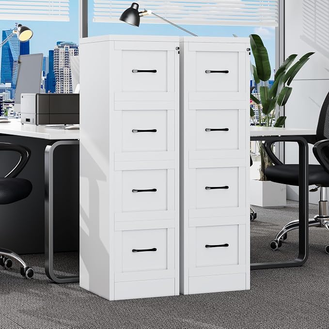 GAIOUS Metal Vertical File Cabinet with Lock, Home Office 4 Drawer Cabinet | 4 Drawer Filing Cabinet, Beside Desk File Cabinet, White Lockable Storage Cabinet, Fits Letter/Legal/A4 Size