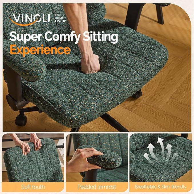 VINGLI Criss Cross Chair with Adjustable Flip-Up Arms,Cross Legged Chair with Wheels,Extra Wide Office Chair,Desk Chair for Home,Office,Vanity,Bedroom,Apartment,Starry Chenille,Dark Green