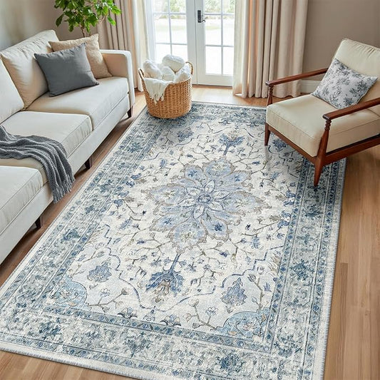 RELEANY Area Rugs 5'x8' Washable Non-Slip, Floral Vintage Distress Medallion Carpet for Living Room Bedroom Dining Room, Light Blue Navy Gray White