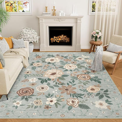 DUKINO 8x10 Area Rug, Floral Rugs for Living Room, Lightweight Non Slip Washable Rug, Indoor Low Pile & Non-Shedding Boho Design Rugs for Bedroom, Living Room, Dining Room, Sage Green