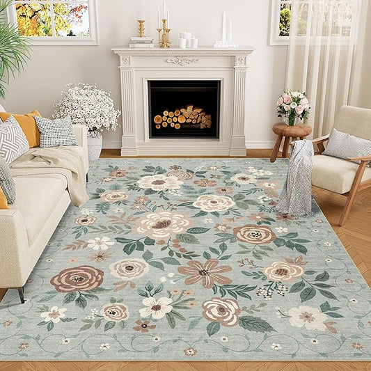 DUKINO 5x7 Area Rug, Floral Design, Lightweight Non Slip Washable, Indoor Low Pile & Non-Shedding Boho Rug for Bedroom, Living Room, Dining Room, Sage Green