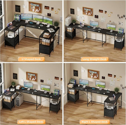 YOSHOOT 67" U Shaped Computer Desk, Reversible L Shaped Gaming Desk | Corner Desk with Power Outlets, 4 Drawers, 2 Storage Shelf, Computer Table with 4 Installation Methods, Black