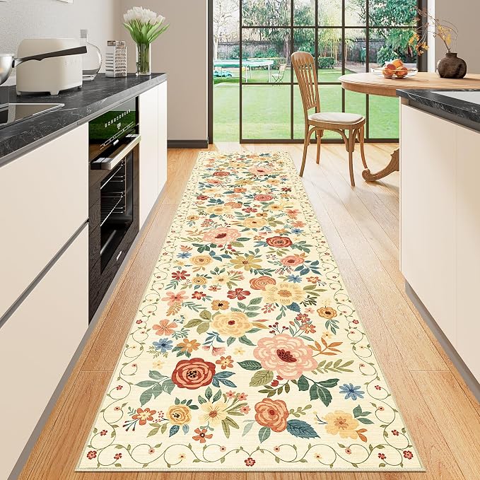 DUKINO Runner Rug for Hallway, 2.6x10 Washable Floral Long Kitchen Rug with Non Slip Backing, Lightweight & Stain Resistant Runners for Indoor Entrance, Laundry, Living Room, Bedroom, Beige Yellow