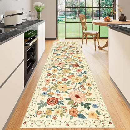 DUKINO Runner Rug for Hallway, 2.6x10 Washable Floral Long Kitchen Rug with Non Slip Backing, Lightweight & Stain Resistant Runners for Indoor Entrance, Laundry, Living Room, Bedroom, Beige Yellow