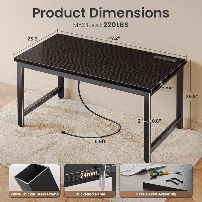 Huuger 48 x 24 inch Desk with Power Outlets & USB-C, Deeper & Thicker Desktop, Robust Metal Tubes, Computer Desk, Heavy Duty Office Desk, Work Gaming Desk for Home Office, Black
