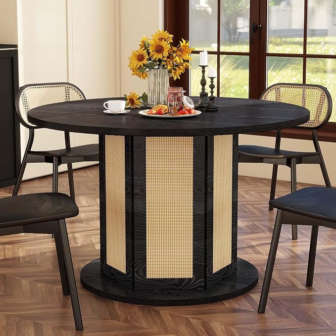DWVO Round Dining Table for 4-6 People 47 Inch Farmhouse Kitchen Table with Rattan Circular Base Wooden Dinner Table for Dining Room Family Gathering, Black