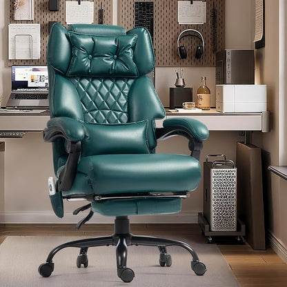 Massage Office Chair with Foot Rest,6 Points Vibration&Heat Executive Office Chairs,Big and Tall Office Chair 500LBS,Ergonomic Desk Chair for Heavy People,Home and Office Computer Chair,Green PU