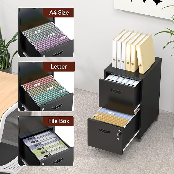 2 Drawer Mobile File Cabinet with Lock, Black Metal Filing Cabinets with Wheels, Vertical Rolling File Cabinet Fit Hanging Files, Letter and A4 Documents