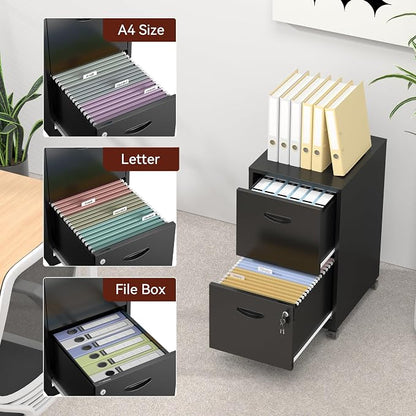 2 Drawer Mobile File Cabinet with Lock, Black Metal Filing Cabinets with Wheels, Vertical Rolling File Cabinet Fit Hanging Files, Letter and A4 Documents