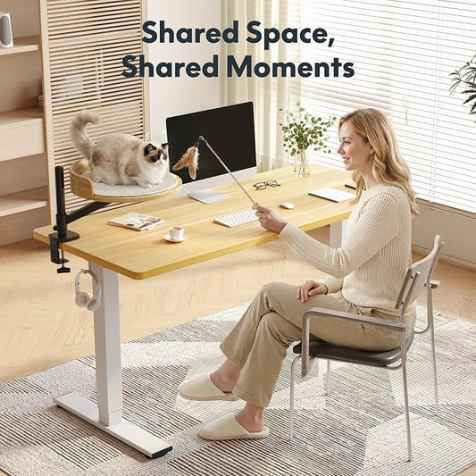 FLEXISPOT EN2 55" x 28" Standing Desk with Solid Wood Cat Bed Bundle, 1" Thick Desktop, Desk-Mounted Cat Perch with Scratcher, Maple