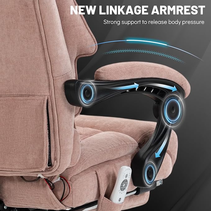 Massage Office Chair with Foot Rest,6 Points Vibration & Heat Executive Office Chairs,Ergonomic Fabric Desk Chair for Heavy People,Big and Tall Office Chair 500LBS,Recliner with Dual-Use Pillow,Pink