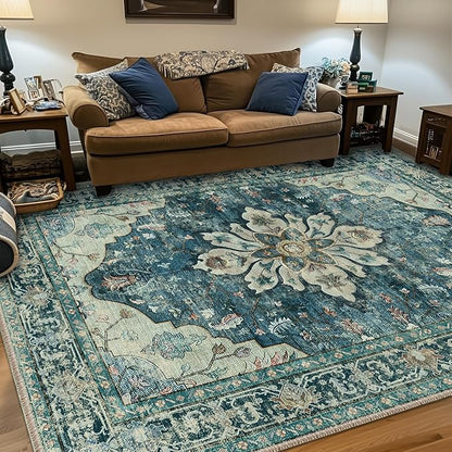 RELEANY Area Rugs 5'x7' Washable Non-Slip, Floral Vintage Distress Medallion Carpet for Living Room Bedroom Dining Room, Dark Blue Vintage