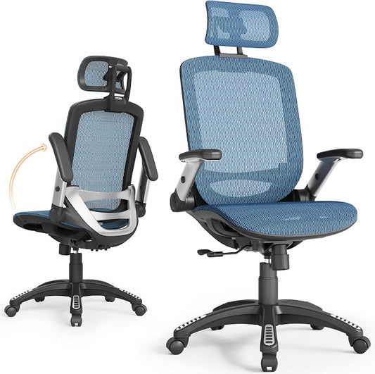 GABRYLLY Ergonomic Office Chair, High Back Mesh Desk Chair with Adjustable Headrest, Flip-Up Arms, 90-120° Tilt Lock, Lumbar Support and Comfy Seat, Swivel Computer Task Chair, Blue