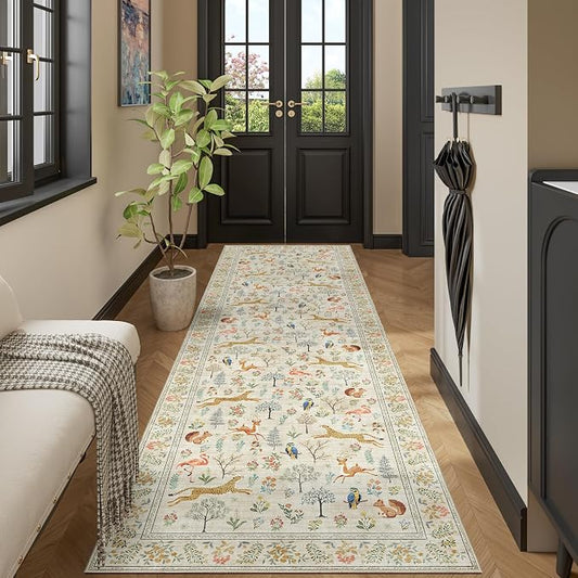 DUKINO 3x10 Washable Runner Rug for Hallway, Lightweight Long Kitchen Rug with Low Pile Design, Vintage Animal Non Shedding Thin Indoor Carpet for Entryway, Bathroom, Bedroom, Laundry Room, Beige