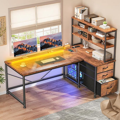 DurayLoly Office Desk with 3 Fabric Drawers & Shelf, Reversible L Shaped Desk Computer Desk with Remote LED Lights, Power Outlet and PC Stand for Home Office Desk, Corner Desk for Bedroom, Brown