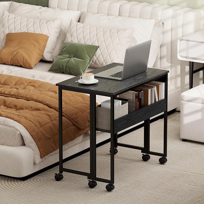 HOMCOM Small Folding Desk, Rolling Computer Desk Foldable with Storage Bag and Shelf, 31.5" Portable Writing Table on Wheels for Small Spaces, Home Office, Study, Easy Assembly, Black