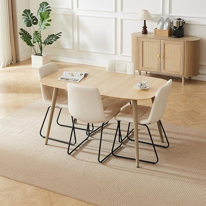 HIPIHOM 55'' Scratch Resistant Modern Wood Dining Table for 4 with Leather U-Shaped Chairs - Kitchen Dining Room Furniture (Easy to Assemble, Pet Friendly Surface, White Chair
