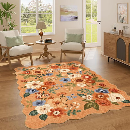 DUKINO 4x6 Area Rug, Floral Non-Slip Indoor Washable Rug with Low Pile & Non-Shedding, Lightwight Boho Design Carpet for Entryway, Bedroom, Kids Room, Living Room, Kitchen, Orange