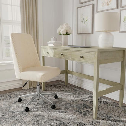 Martha Stewart Maeve Swivel Task Chair with Height Adjustable Seat for Home Office in Beige Stripe Fabric with Polished Nickel Frame