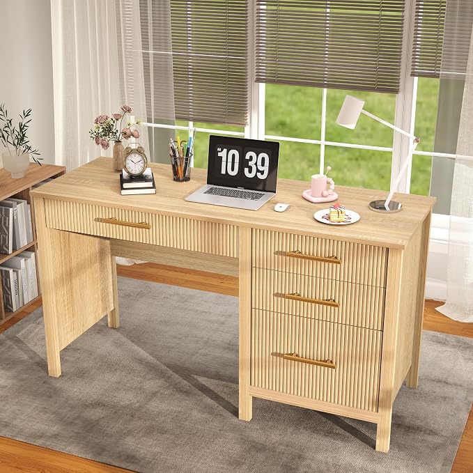 Modern Executive Desk with Drawers: 55" Oak Home Office Desks with File Drawers, Fluted Desk with Storage, Wood Computer Desks for Work, Study and Living Room (Oak, 54")