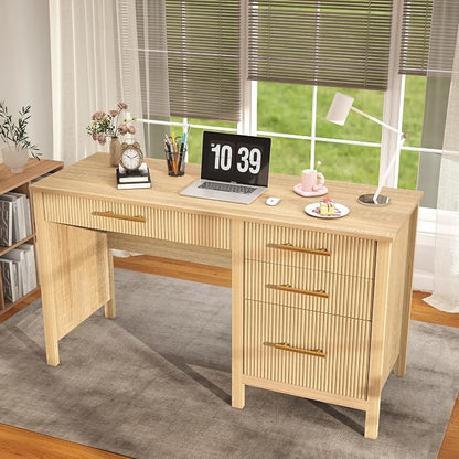 Modern Executive Desk with Drawers: 55" Oak Home Office Desks with File Drawers, Fluted Desk with Storage, Wood Computer Desks for Work, Study and Living Room (Oak, 54")