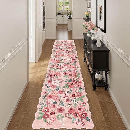 DUKINO Washable 2.6x12 Runner Rug for Hallway, Non Slip Floral Washable Kitchen Rug with Low Pile Design, Boho Stain Resistant Floor Carpet Runner for Entryway, Bathroom, Laundry, Bedroom, Pink