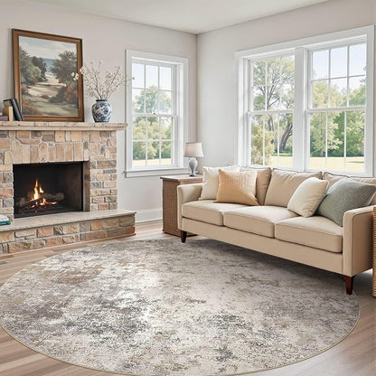 UERMEI 10ft Round Area Rug Living Room Rugs - 10x10 Washable Large Neutral Modern Abstract Soft Thin Rug Indoor Floor No Slip Rug Carpet for Bedroom Under Dining Table Home Office Decor - Brown Grey