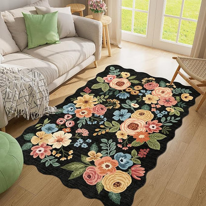 DUKINO 4x6 Area Rug, Floral Non-Slip Indoor Washable Rug with Low Pile & Non-Shedding, Lightwight Boho Design Carpet for Entryway, Bedroom, Kids Room, Living Room, Kitchen, Black
