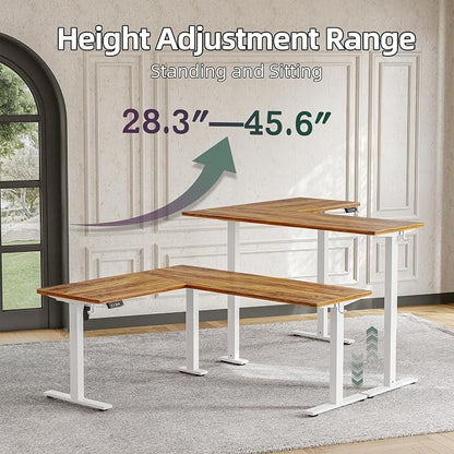 TIQLAB Standing Desk L Shaped, 63x55 Inch Adjustable Height, Electric Stand Up Desk, Corner Sit Stand Desk with Splice Board, Light Rustic Brown