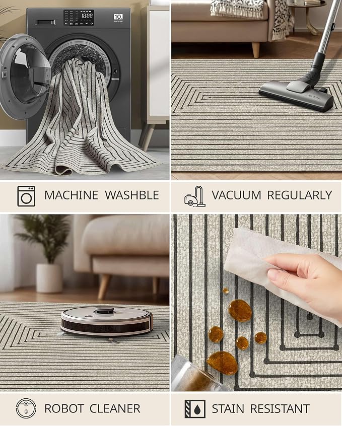 Latte&Fog 4x6 Rug for Living Room, Modern Abstract Beige Washable Area Rug, Boho Non Slip Low Pile Throw Carpet for Indoor Bedroom, Dining Room, Office, Dorm, Classroom, Farmhouse and Kids Room