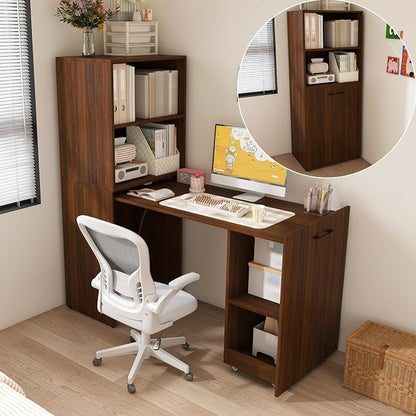KEIKI Home Office Stretchable Desks with Storage Shelves and Mobile Wheels, Modern Wood Foldable Desk Gaming Computer Corner Table for Apartments Work, Study, Writing