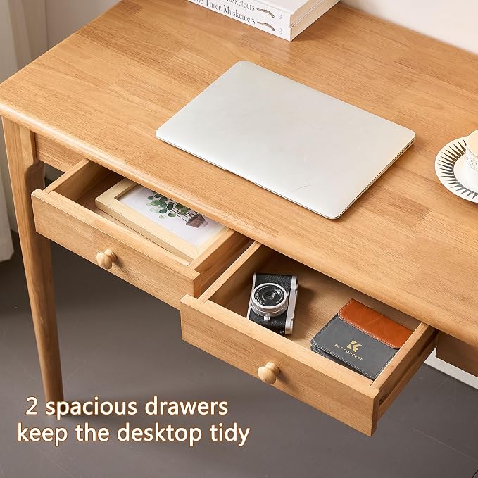 47" Solid Wood Desk with Drawers,Mid Century Modern Natural Real Wood Writing Desk,Home Bedroom Computer Office Workstation Desks,Small Spaces,Wood Color