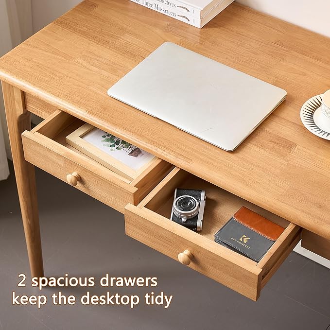 40" Solid Wood Desk with Drawers,Mid Century Modern Natural Real Wood Writing Desk,Home Bedroom Computer Office Workstation Desks,Small Spaces,Wood Color