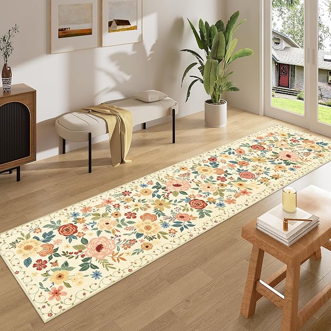 DUKINO 2x8 Runner Rug for Hallway, Washable Kitchen Runner Rug with Rubber Backing Non Slip, Low Pile Soft Boho Floral Thin Carpet for Entryway, Hallway, Bathroom, Laundry Room, Beige Yellow