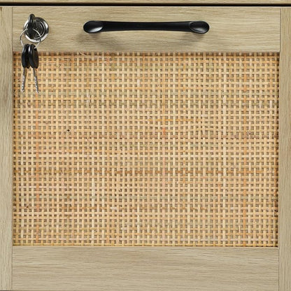 Lateral File Cabinets for Home Office, 3 Drawer and 2 Doors Filing Cabinet with Lock, Wide Rattan Filing Organization Storage Cabinets with Printer Stand for Hanging Files/A4/F4 Size, Natural Wood