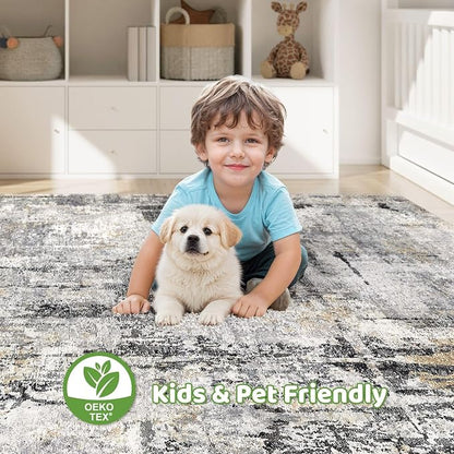 7x10 Area Rug Living Room: Washable Large Abstract Soft Stain Resistant Indoor Floor Rugs Non-Slip Accent Carpet for Bedroom Nursery Playroom Office Dining Room Home House- Gray Beige
