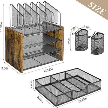 DAOUTIME 4-Tier Mesh Desk Organizer, Wooden Desk File Organizer with 5 Vertical File Holders and 2 Pen Holders, Desktop Organizers and Accessories with Drawer for Home Office