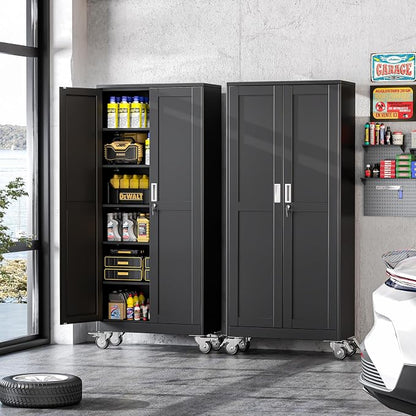 winiowa 75" Tall Metal Garage Storage Cabinet with Wheels, Steel Locking Rolling Tool Cabinet with 5 Adjustable Shelves for Garage,Home,Office (Black)