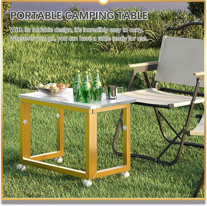 4NM No Tool Assembly 23.6" Small Desk, Folding Portable Desk with Wheels, Adjustable Height Foldable Computer Home Office Desks, Collapsible Study Writing Table for Space Saving Bedroom - White Gold
