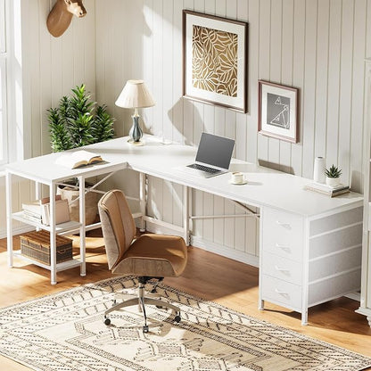 Huuger 63 Inch L Shaped Desk with Fabric Drawers, Reversible Computer Gaming Desk with Power Outlets and USB-C Port, Adjustable Side Storage Shelves, for Work Study Corner Home Office, White