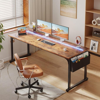 DurayLoly 71"Computer Desk with LED Lights, Large Office Desk for 3 monitors or 2 laptops,Long Desk with Storage Bag&Headphone Hook for Study Writing Work Gaming Desk,Sturdy Metal Frame,Bedroom,Brown