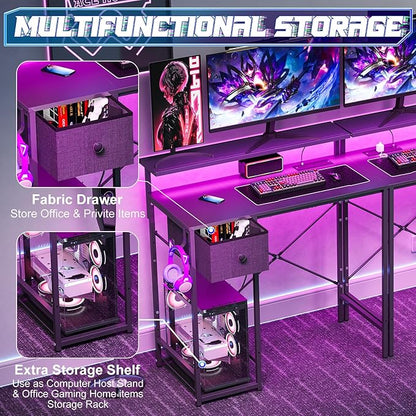 X-cosrack 33.5" Small Gaming Desk with LED Lights & Long Monitor Stand, Compact Computer Desk with Power Outlets & CPU Stand, Gamer Table with Storage Drawer for Home Office, Bedroom Corner, Black