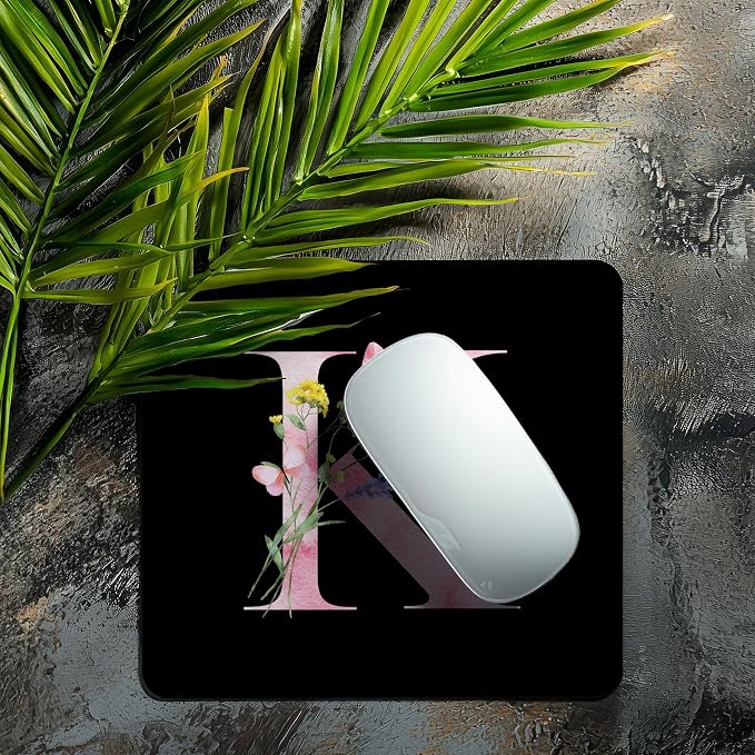 Mouse Pad Pinks Flowers Initial Letters Mousepad Desktop Laptop Computer Accessories Home Office Gaming Work Desk Computer Non-Slip Rubber Monogram Floral Alphabet A-Z mousepad (K)
