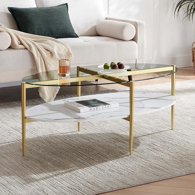LumFurn Oval Glass Coffee Table, Mid-Century Modern Design, L43 x W22 x H17 inch, Surfboard Shaped Clear Glass Top and White Marble Finish Wood Shelf, Tapered Legs with Gold Finish Frame
