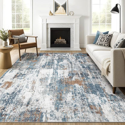 8x10 Area Rugs Living Room: Washable Large Abstract Neutral Modern Soft Rug Stain Resistant Indoor Floor Non-Slip Accent Carpet for Bedroom Nursery Playroom Dining Room Office Dorm Home- Rust Cyan