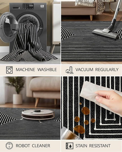 Latte&Fog 10x14 Area Rug for Living Room, Extra Large Black Modern Abstract Washable Rugs, Boho Non Slip Low Pile Carpet for Indoor Bedroom Dining Room, Office, Dorm, Classroom and Farmhouse